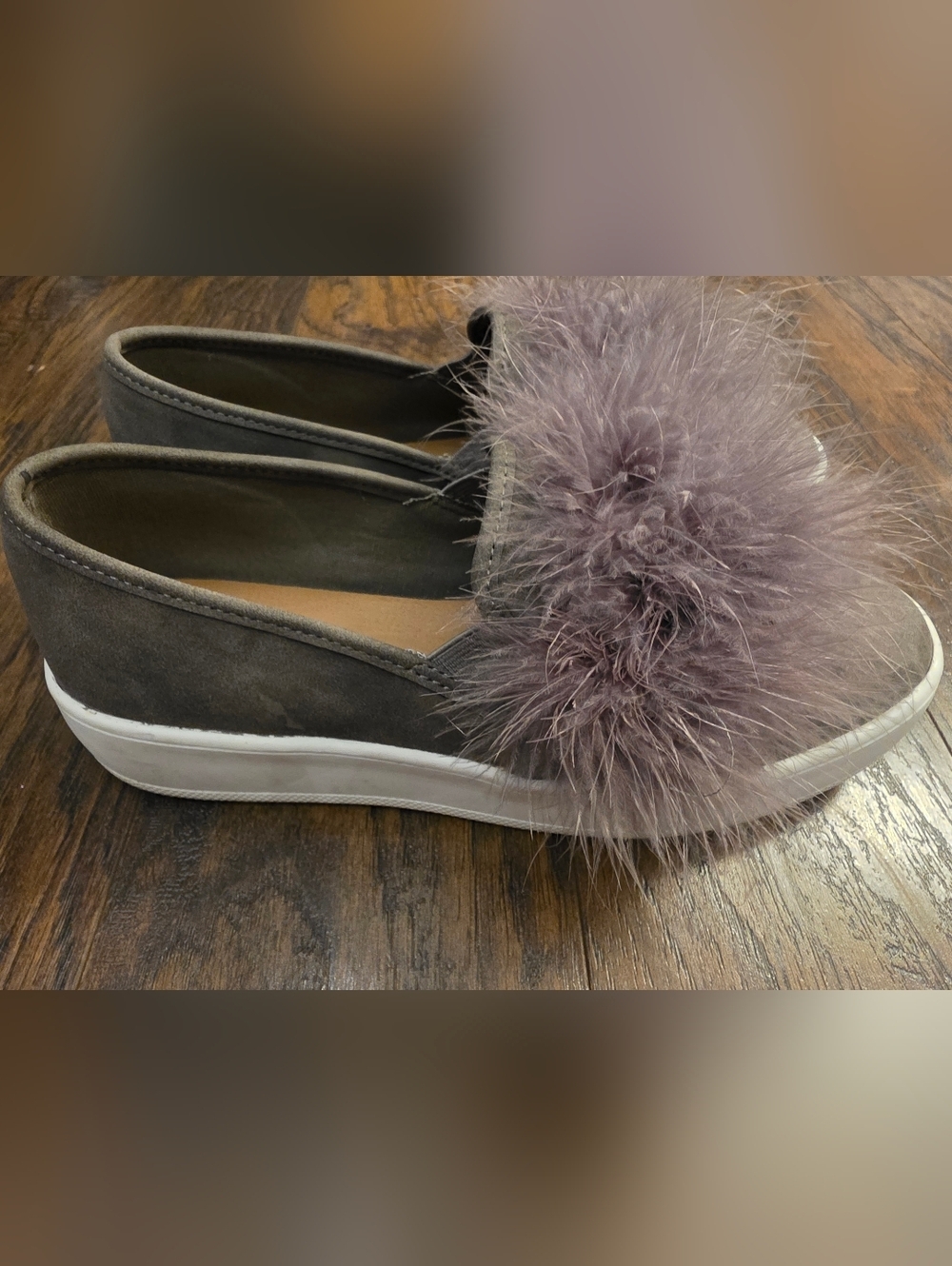 Soda Gray Suede Slip-On Mules with Purple Pom - Picture 3 of 6